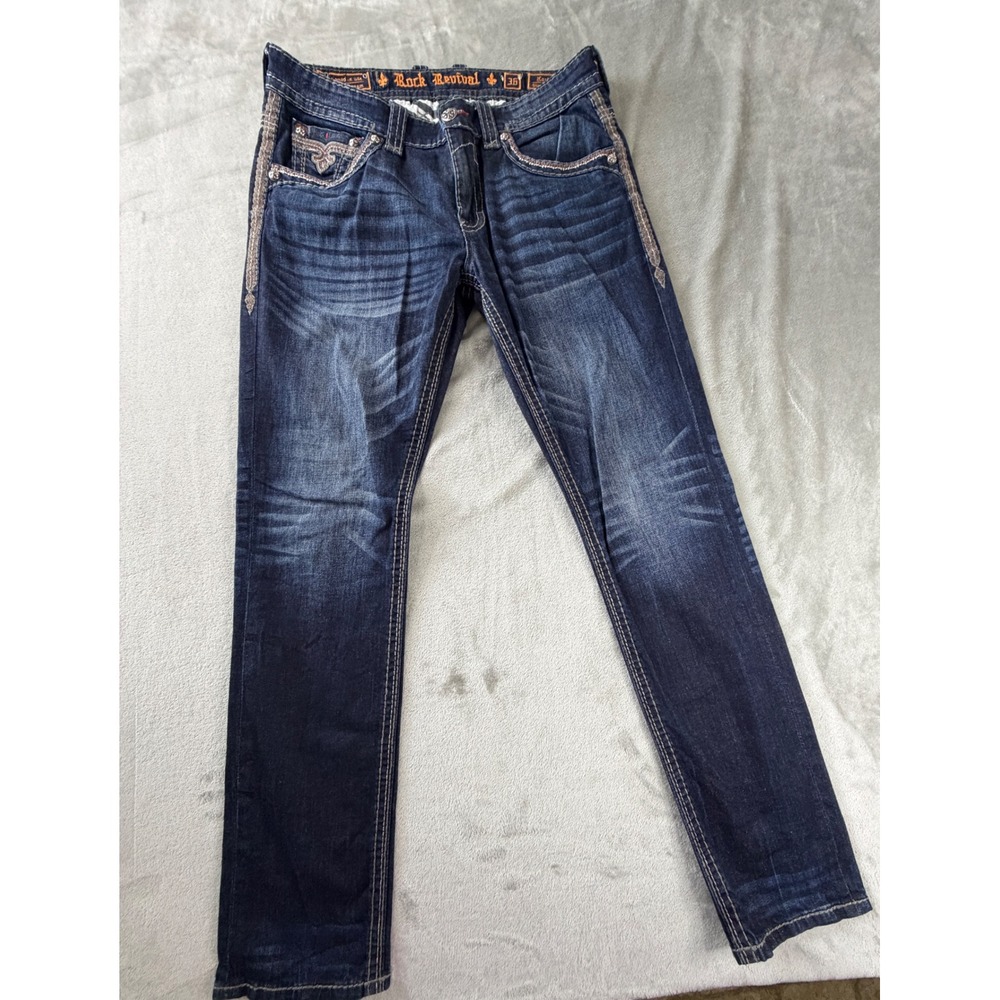 Rock Revival Jeans Mens 36 Blue Kort Slim Taper Dark Wash Embroidered Flap Pkts